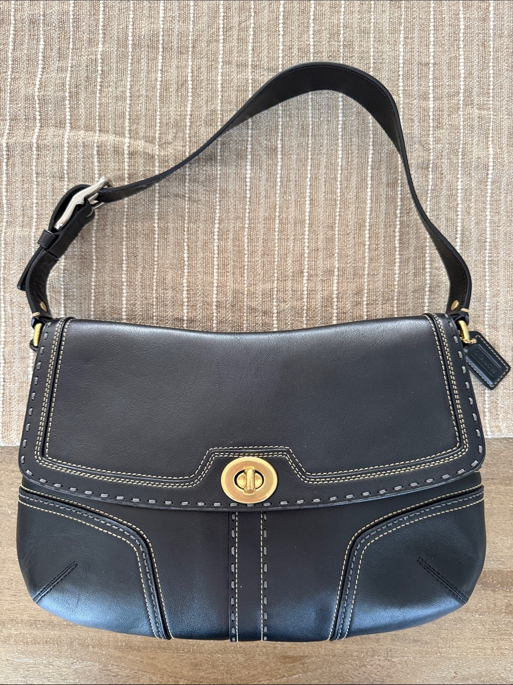 Coach Black Leather Shoulder Bag with Gold Turn-Lock